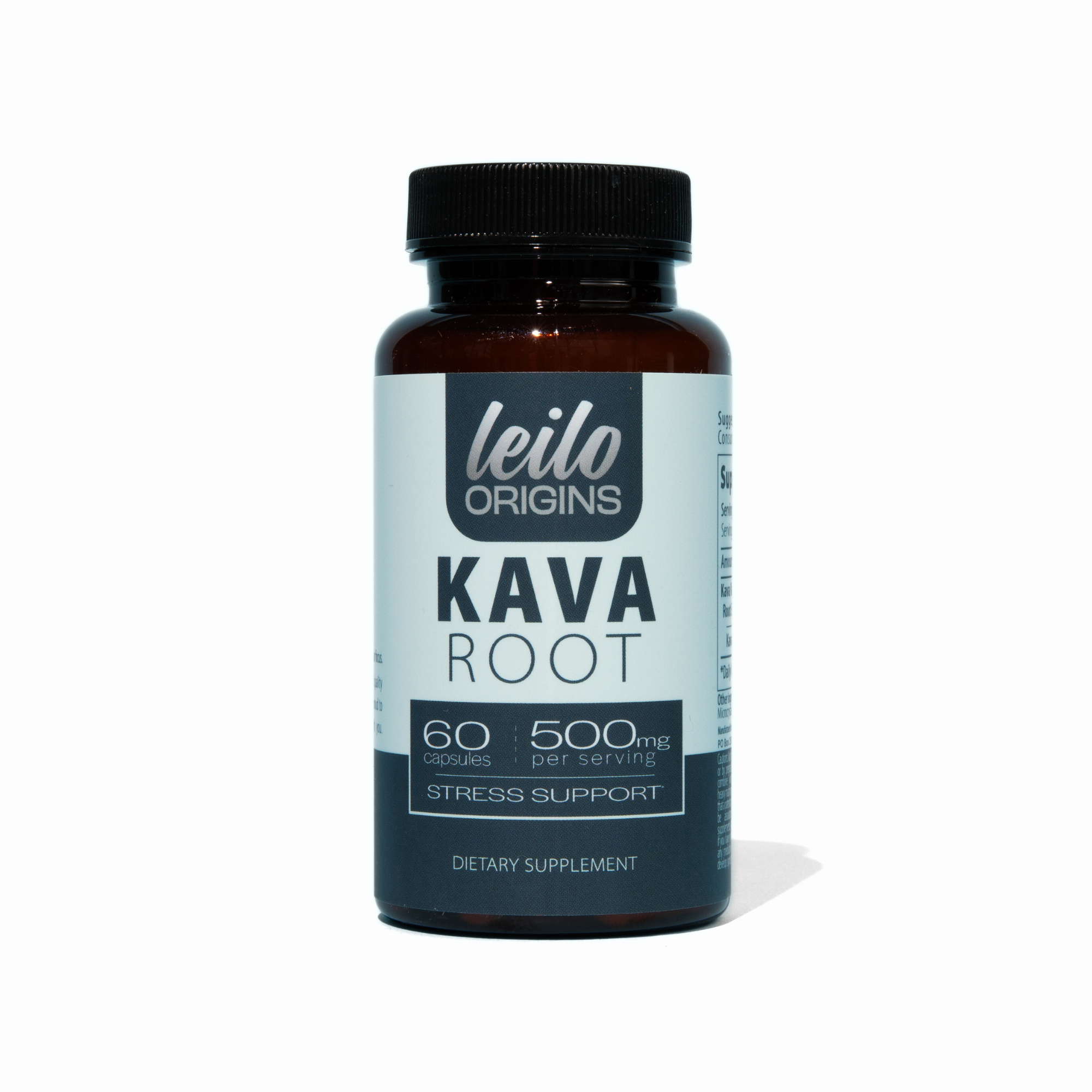 A bottle of Leilo Origins Kava Root dietary supplement for stress support.