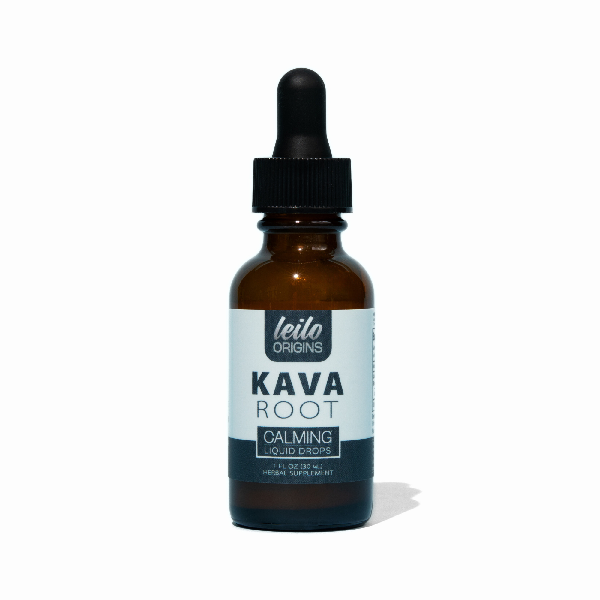 Bottle of Kava root herbal supplement with dropper on a white background.