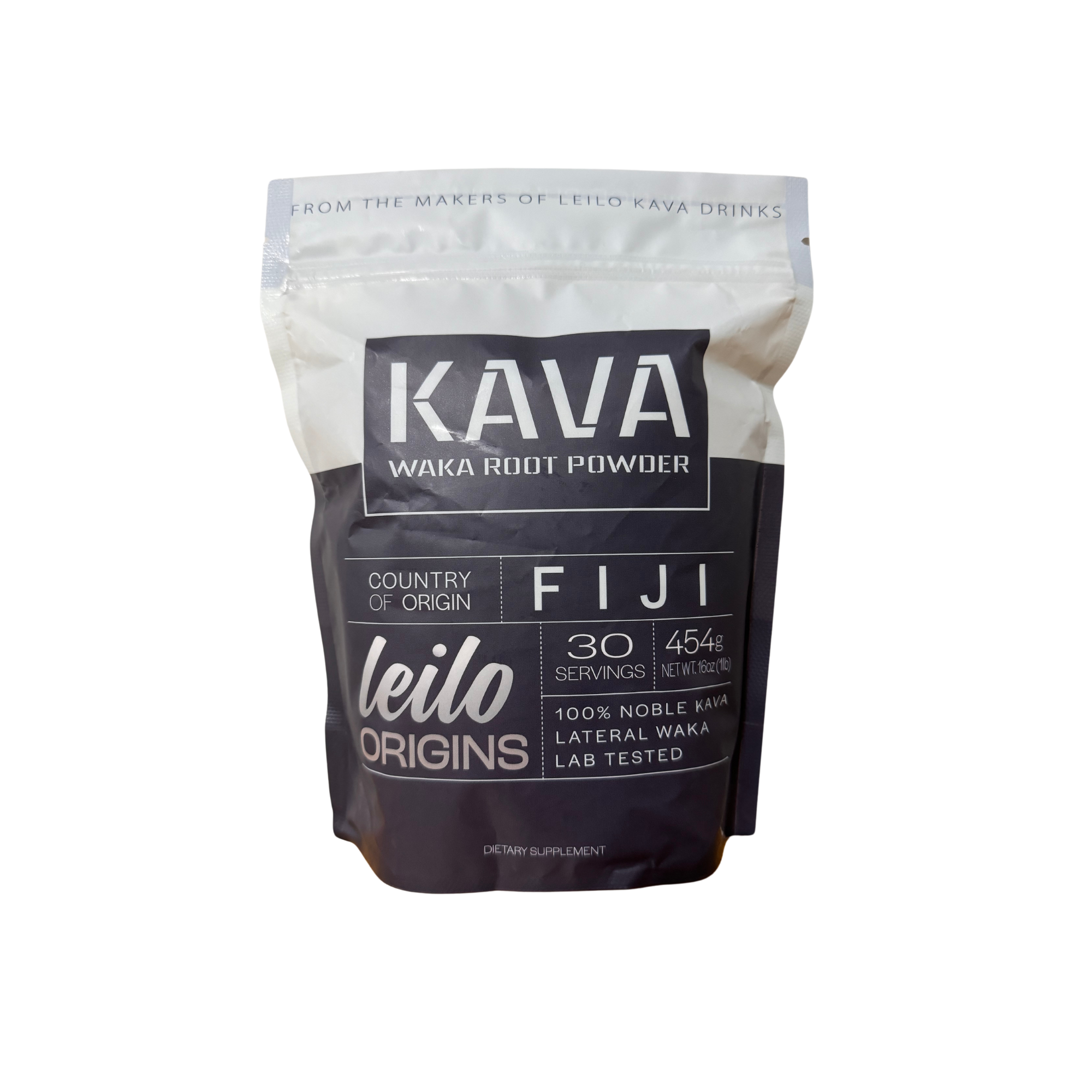 A bag of Kava Waka Root Powder from Fiji, labeled as a dietary supplement.
