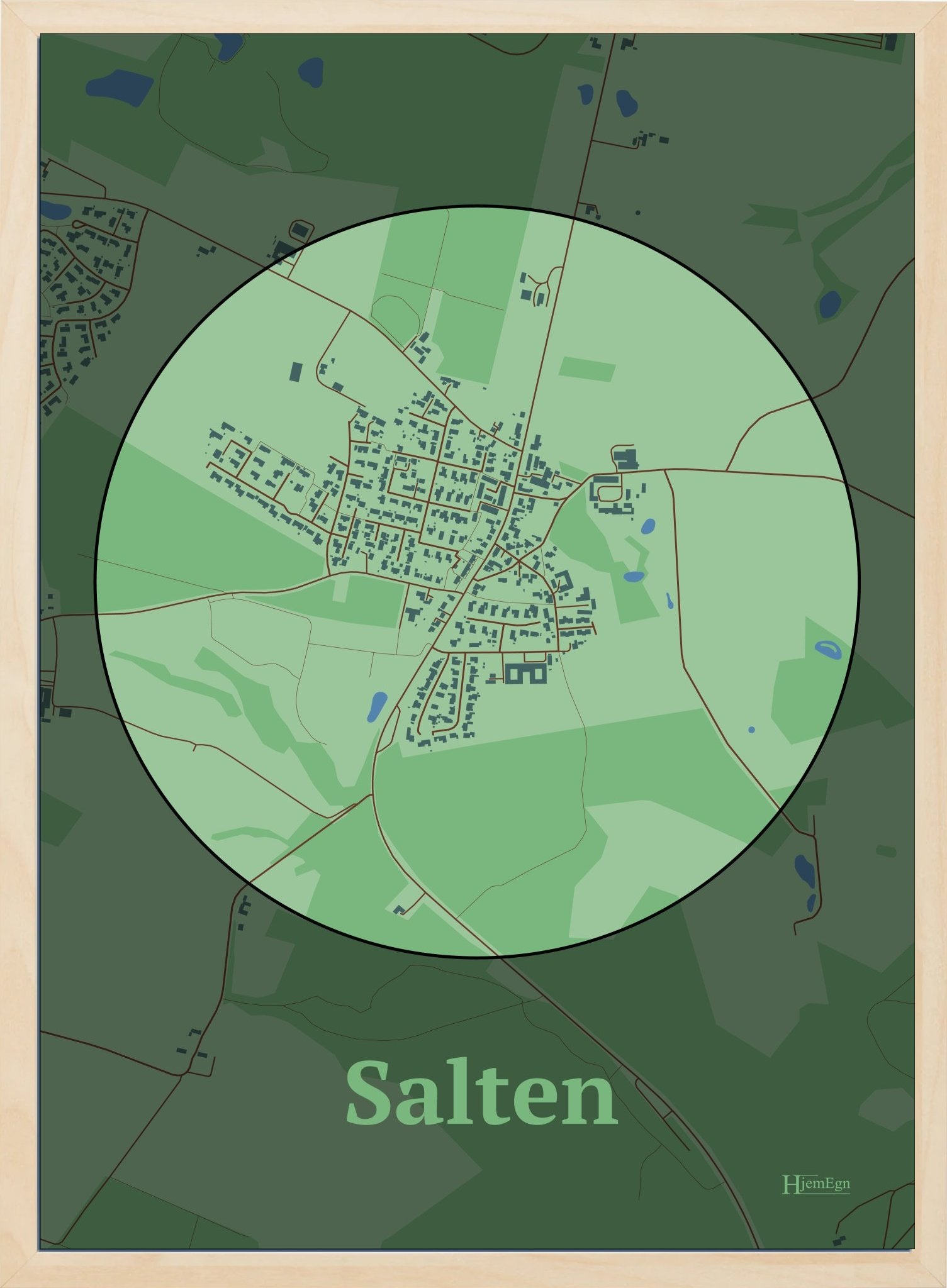 Salten plakat i farve pastel grøn og HjemEgn.dk design centrum. Design bykort for Salten