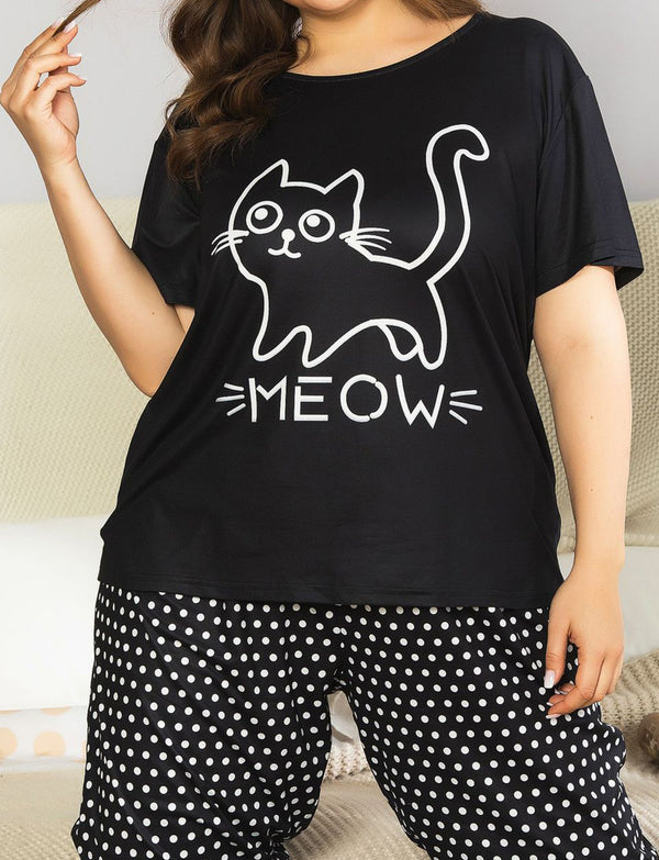 Cute Cat Print Plus Size Cotton Pajamas Set – vianahos