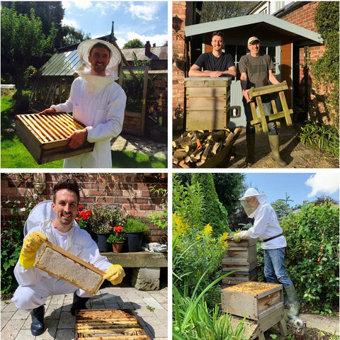 British beekeeper Joe in the garden with the beehives