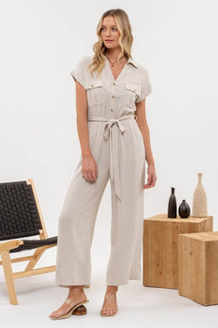 BUTTON DOWN BELTED WIDE LEG JUMPSUIT: NATURAL