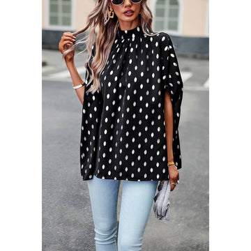 Polka Dot Cape Sleeve Mock Neck Loose Top: BLACK / XL