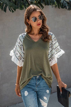 V Neck Ruffle Short Sleeve Solid Top: GREEN / XL / 65%POLYESTER  35%COTTON