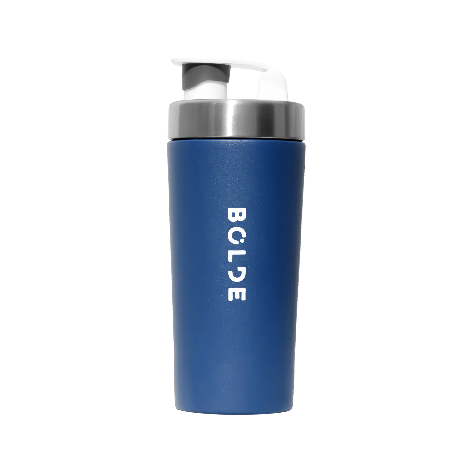 Blue reusable bottle with a stainless steel lid and 'BOLDE' logo on the side.