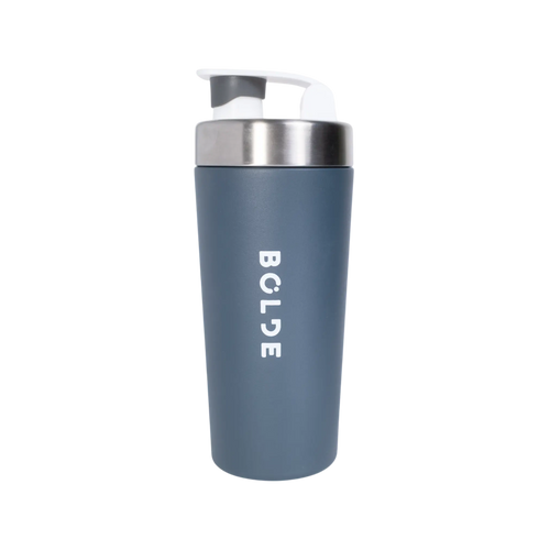 Gray reusable water bottle with 'BOLDE' logo and a flip-top lid.