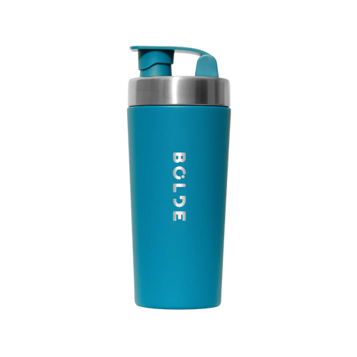A teal shaker bottle with protective boot and carrying loop accessory.