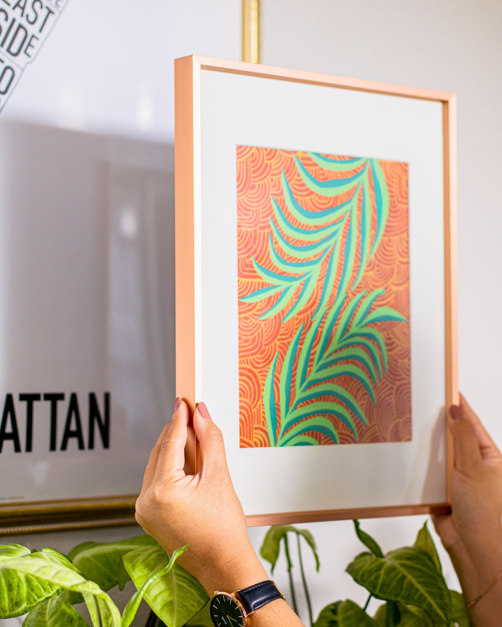 Palm frond art, acrylic on paper in a rose gold frame