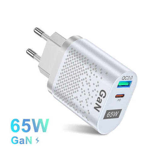 Image of 65W 2 ports, QC3.0 & PD, EU plug GaN fast charger. White.