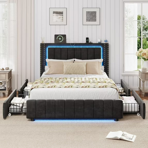 Full Bed Frame with 2 Drawers, UHOMEPRO Pine Wood Platform Bed Frame Storage Bed for Bedroom, Modern Full Size Bed Frame with Headboard, Wood Slats Support, No Box Spring Needed, White - uHomePro