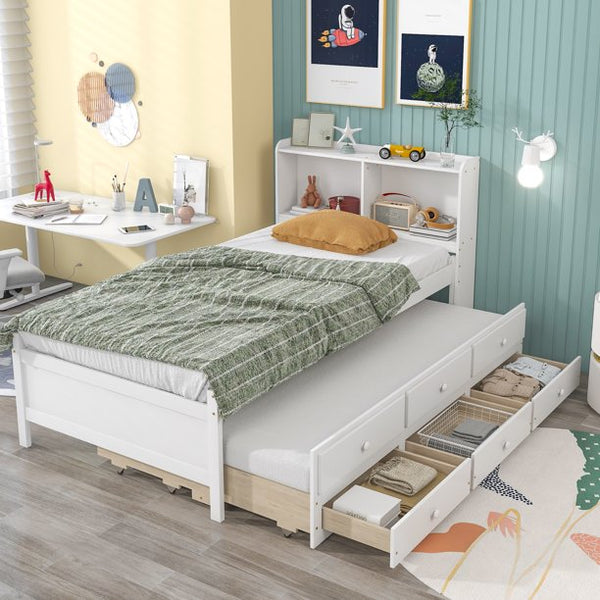 uhomepro Kids Bed with Bookcase, Trundle, Drawers, No Box Spring Neede ...