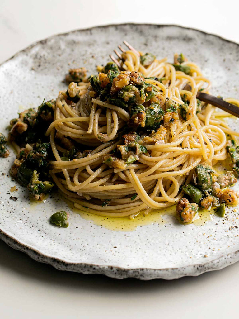 Roasted Walnut and Green Olive Spaghetti