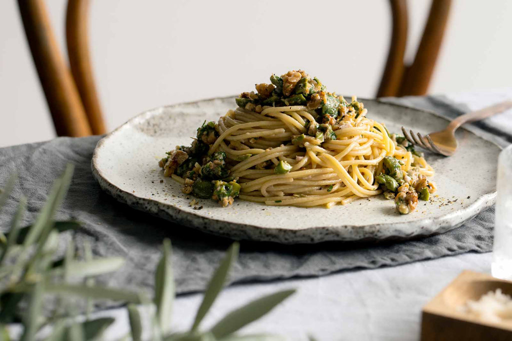 Roasted Walnut and Green Olive Spaghetti