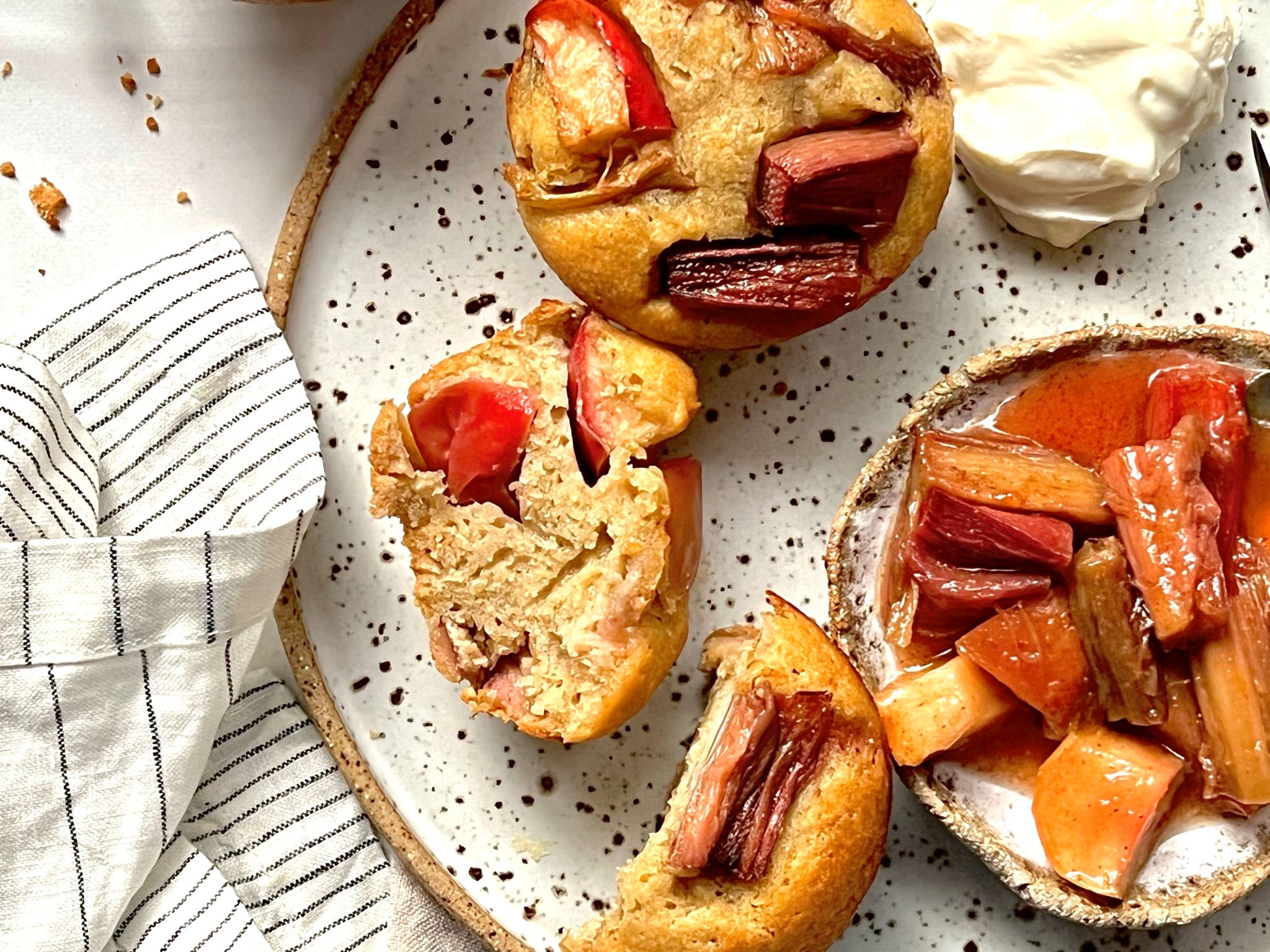 Roasted Rhubarb and Apple olive oil muffins close up