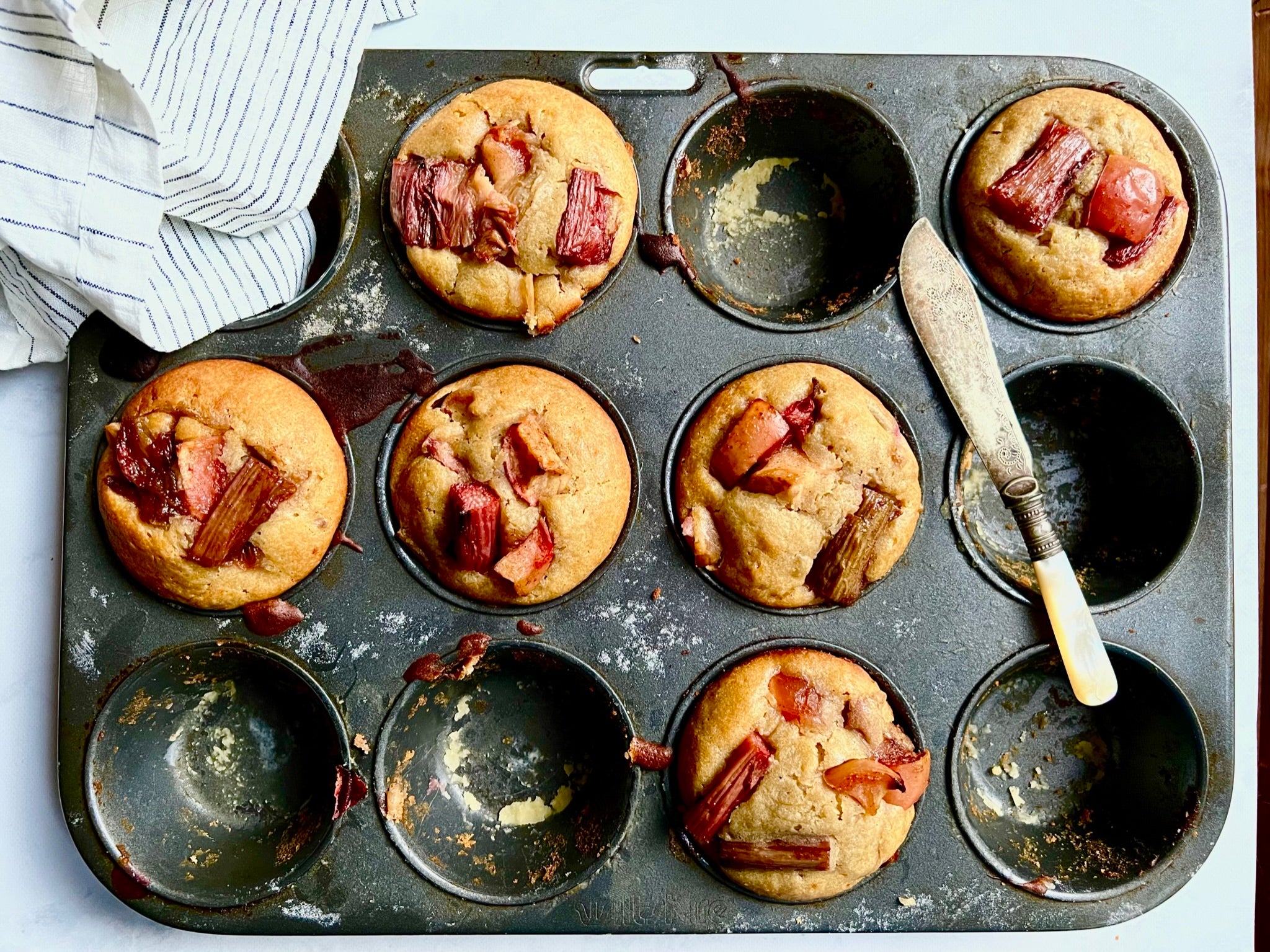 Roasted Rhubarb and Apple olive oil muffins in tray