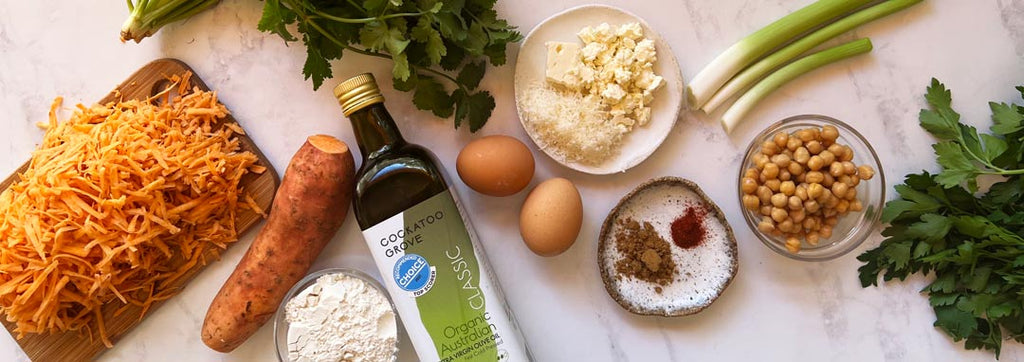 ingredients for sweet potato and chickpea fritters