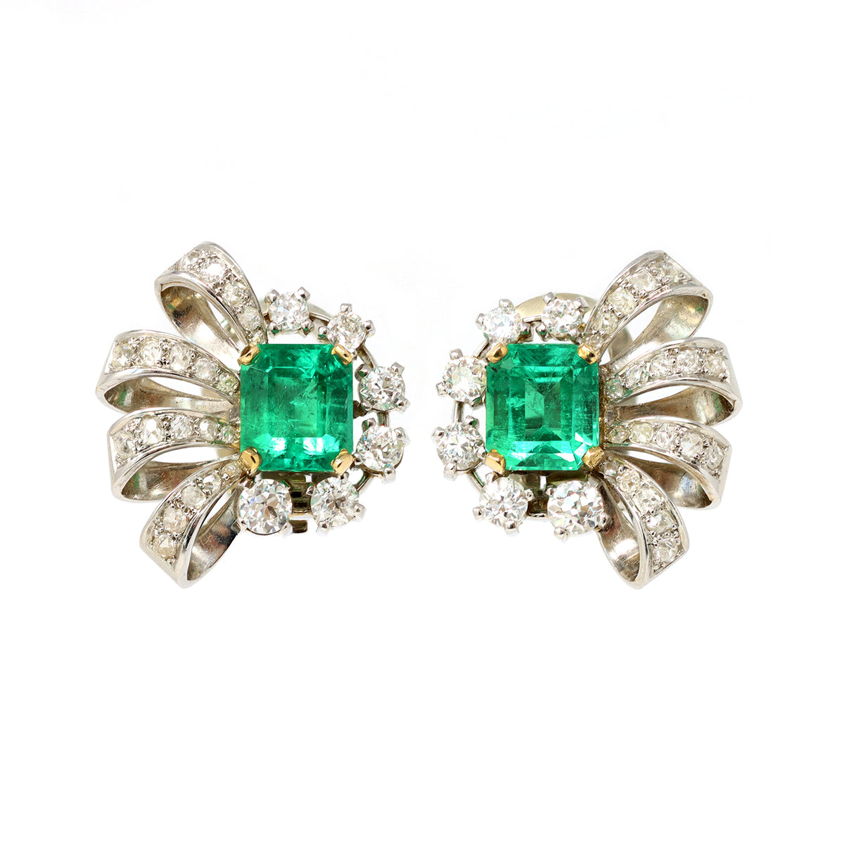 Pair of Emerald and Diamond Clip on Earrings in Platinum, Circa 1940 ...