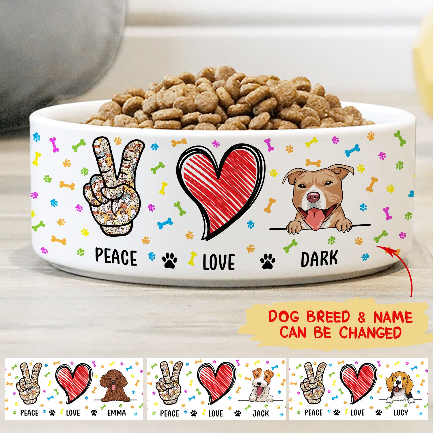 Custom Ceramic Dog Bowl Peace Love Dog Personalized Ceramic Pet