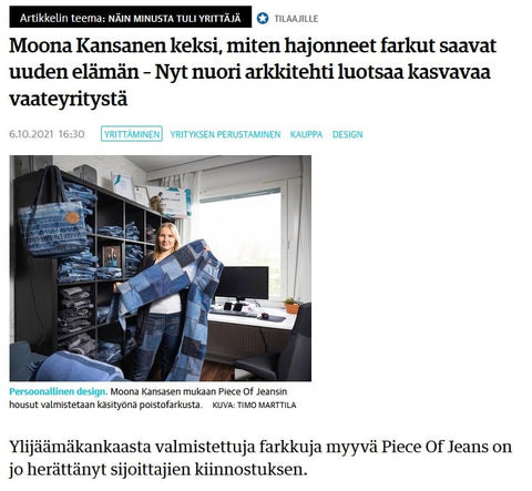 kauppalehti-moona-kansanen-miten-hajonneet-farkut-uusi-elämä-arkkitehti-vaateyritys-pieceofjeans.