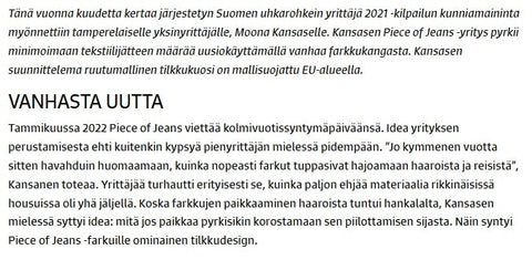 moona-kansanen-pieceofjeans-suomen-uhkarohkein-yrittäjä-yrittäjäkassa-ympäristövaikuttaja-kunniamaininta-farkut.