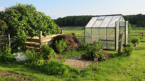 a greenhouse in a sunny countryside garden