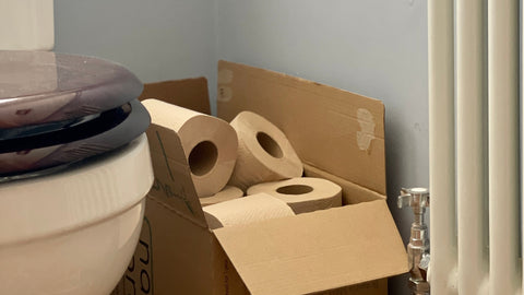 toilet rolls in their box, next to the loo