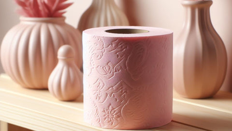 A pink toilet roll sitting on a shelf