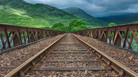 a beautiful image of a railway track in green countryside