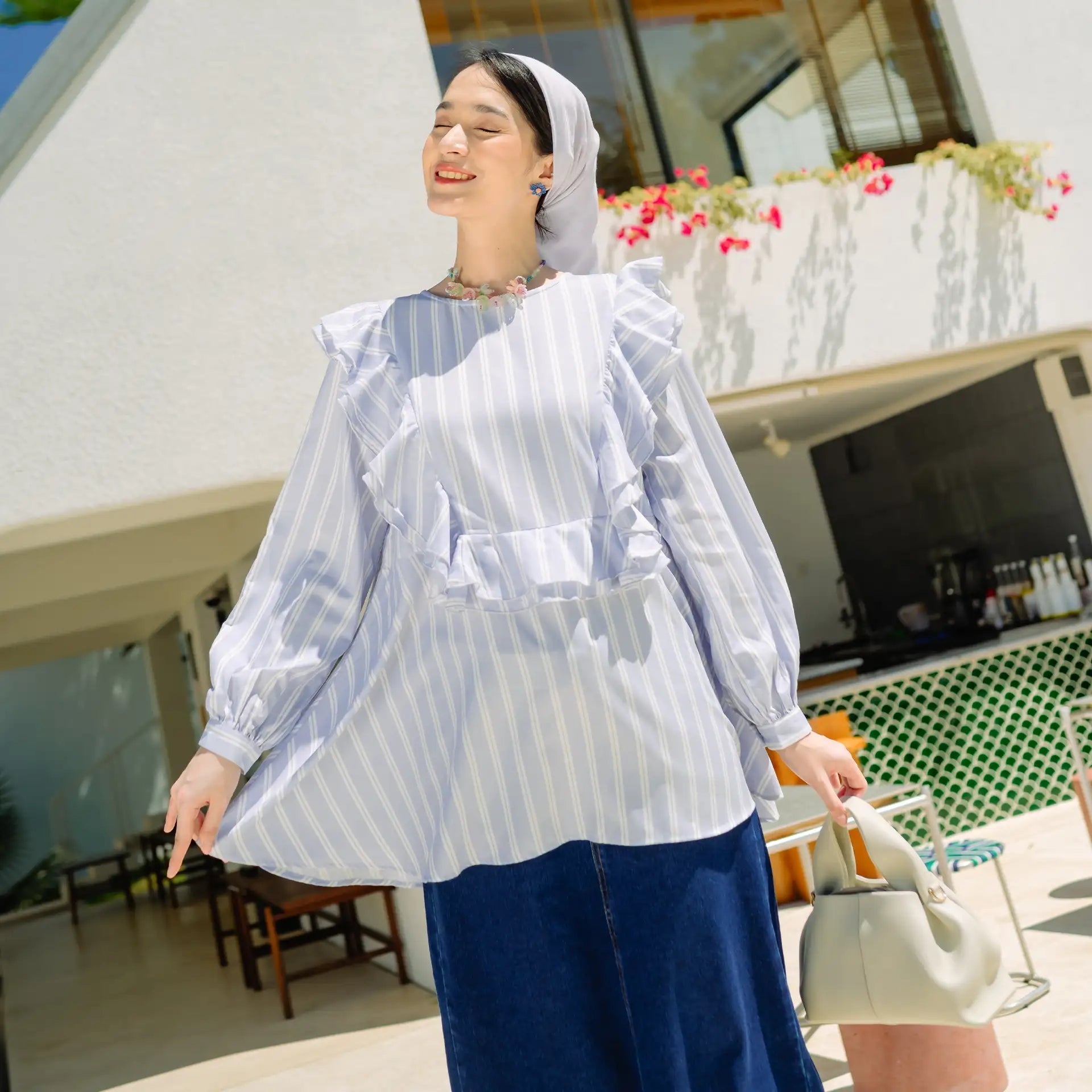 Zalina Dusty Blue Stripe Tops