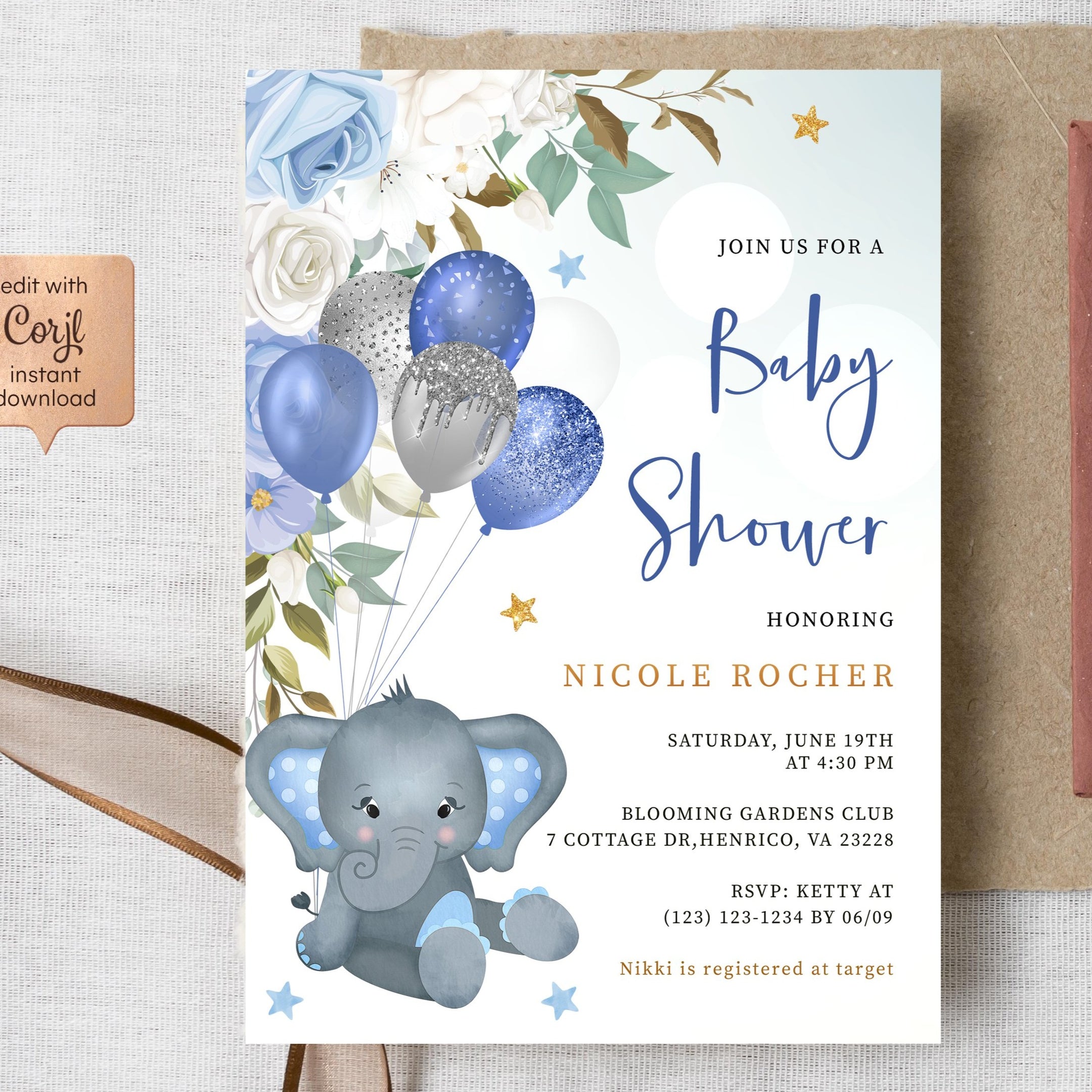 Elephant Boy Baby Shower Invitation Template, Blue Balloons Baby Showe
