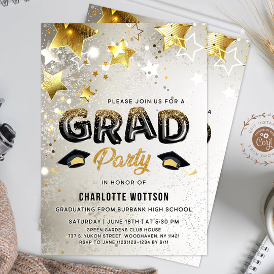 Graduation Party Invitation Template Black and Gold, Senior Graduation ...