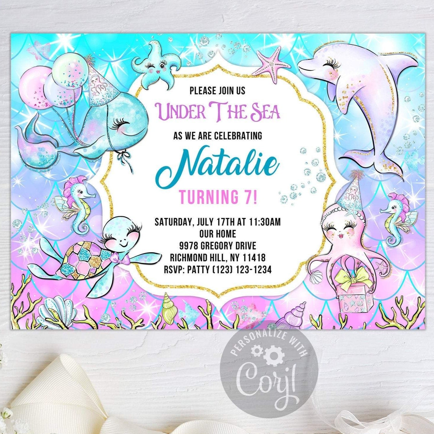 Under the sea birthday invitation template, Sea animals invitation, ra