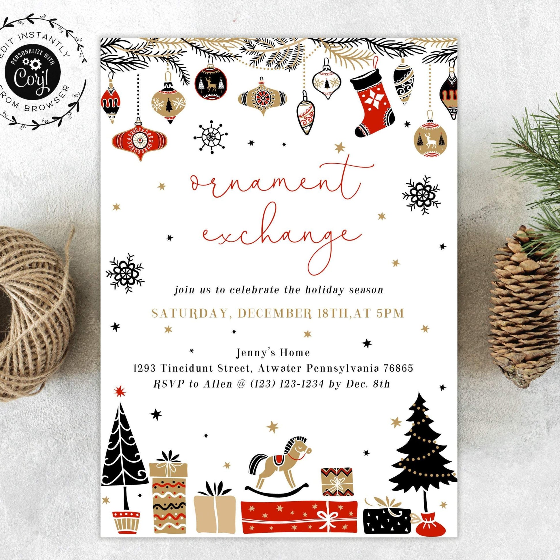 Ornament Exchange Christmas Invitation Template, Holiday Party Invitat ...