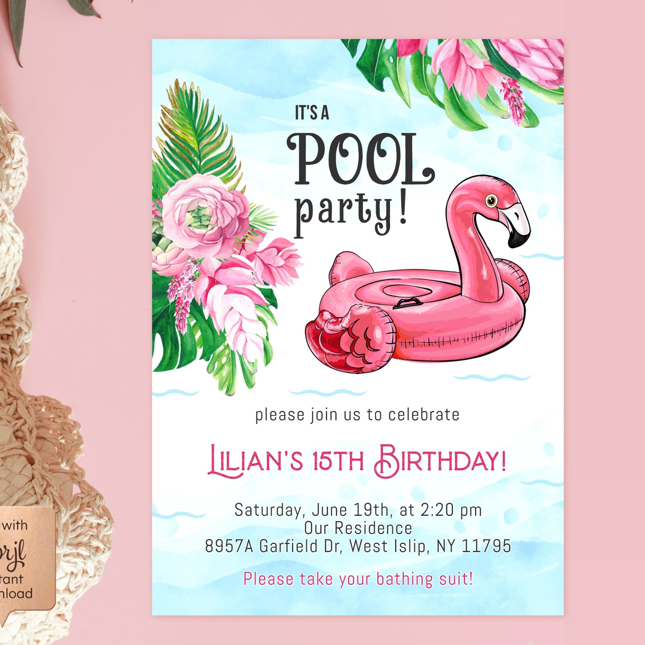 Girls Pool Party Invitation Template, Flamingle Invitation, Bacheloret