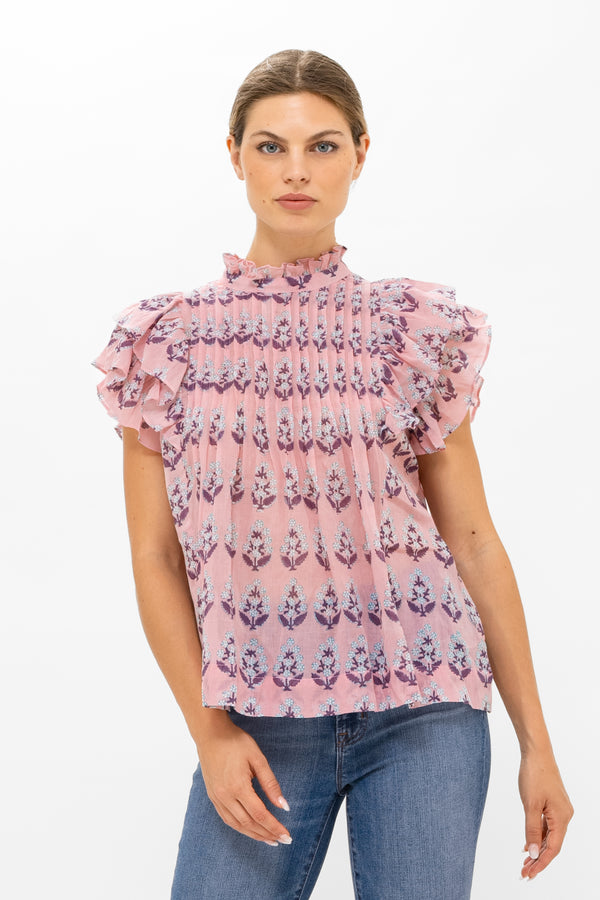 Entyinea Womens Summer Tops Ruffle Cap Sleeve Blouses Round Neck Tunic Tops  Shirts Pink L 