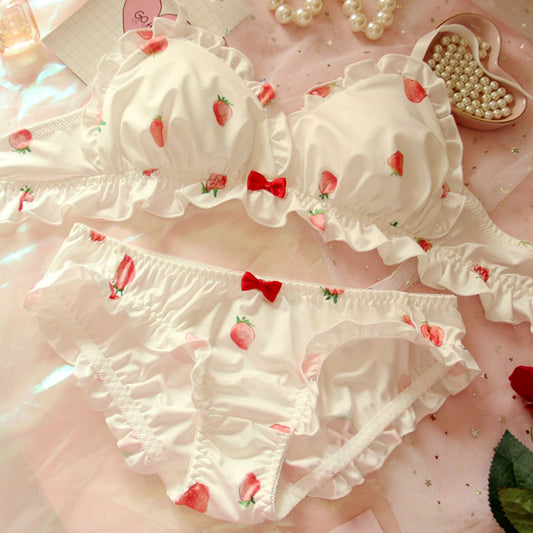 Sweet Lolita Style Women Cute Strawberry Print Bra Panties Lingerie Set  Japanese Girl Kawaii Soft Underwear