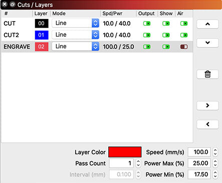 change settings layers line fill in lightburn laser software