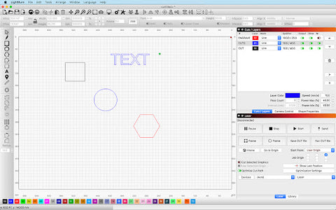 how to design shapes text in lightburn laser software