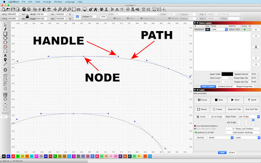 how to use lightburn with node handle path