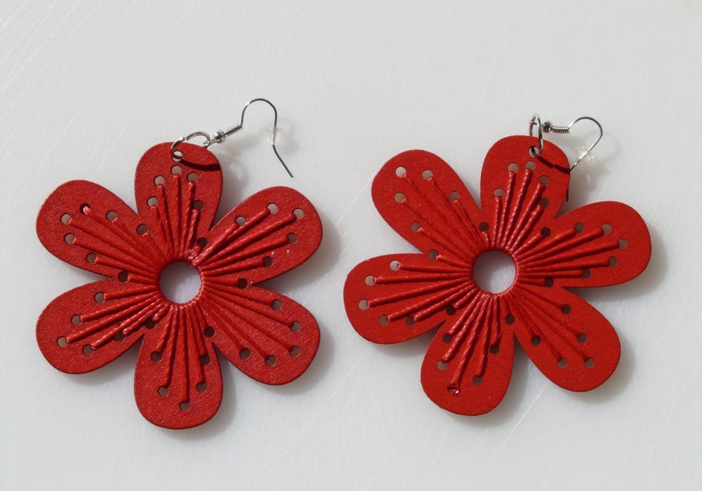 red wooden flower earrings