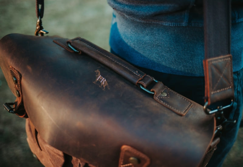 laser engraved leather bag