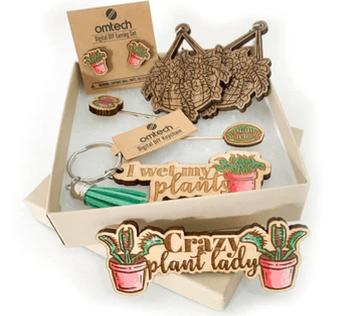 plant themed, wood, laser engraved earrings keychains and pins