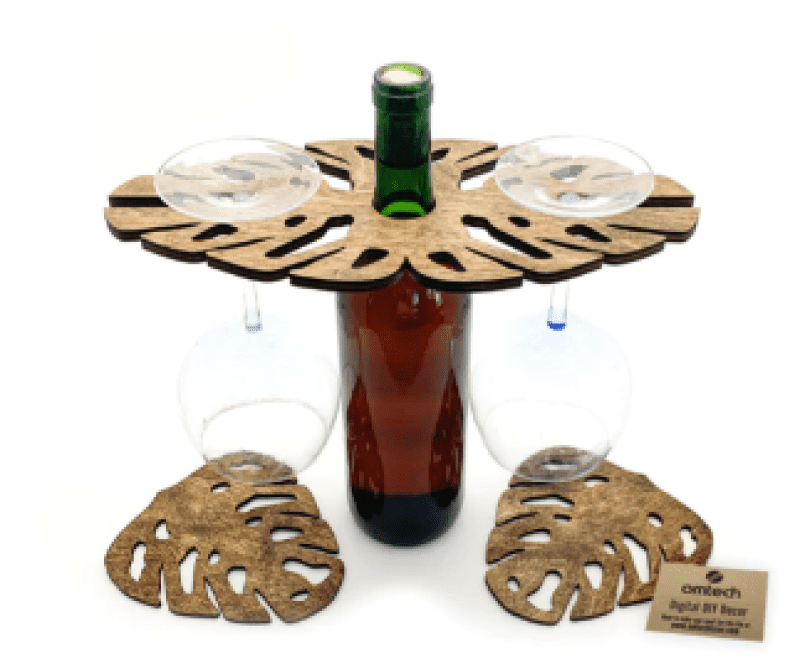 monstera wooden laser engraved wine caddy