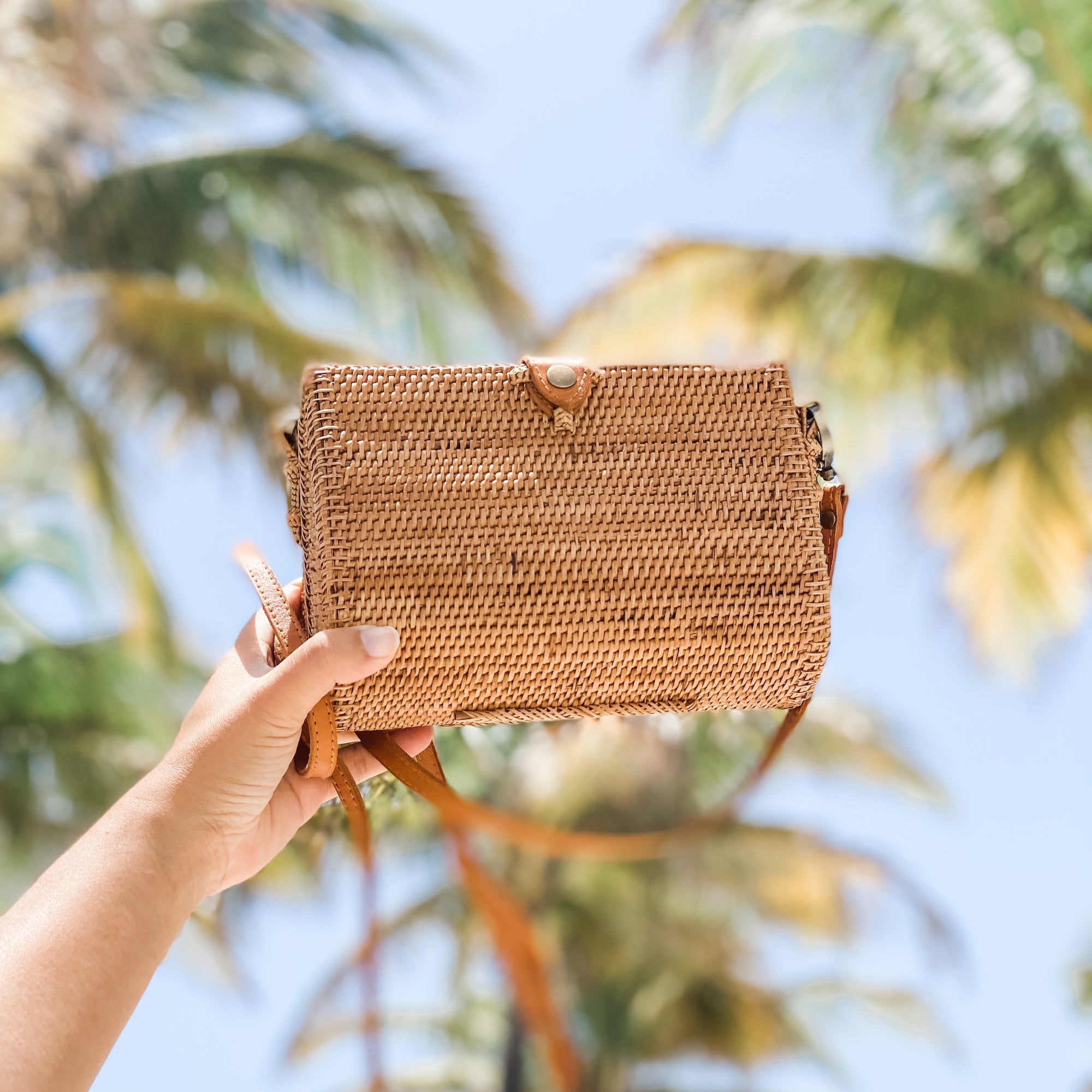 Bali Envelope Rattan Crossbody Bag with Adjustable Leather Strap