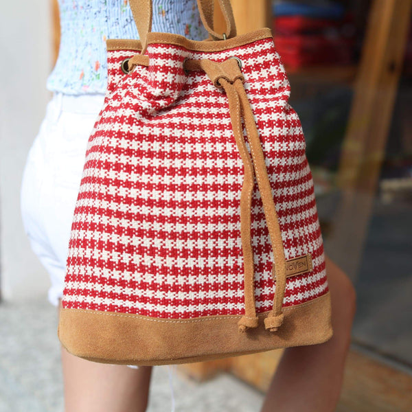 WOVEN Drawstring Bucket Bag - Houndstooth - Ganapati Crafts Co.