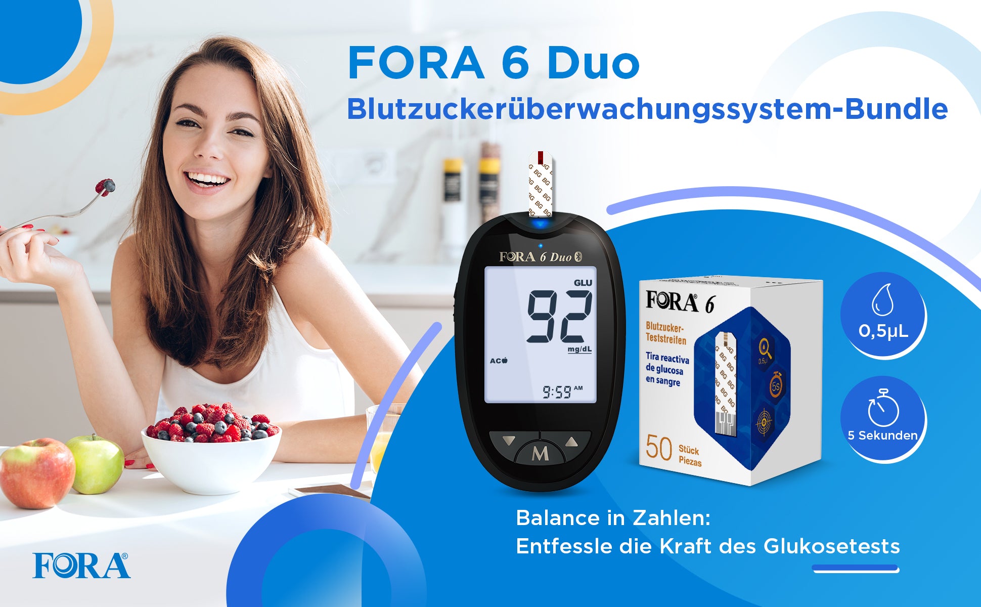 FORA 6 DUO blutzuckermessgeräte Bluetooth, mit Blutzucker-, Keton- Teststreifen