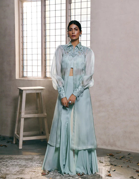 Aqua Blue Organza Jacket With Palazzo Pant | lupon.gov.ph