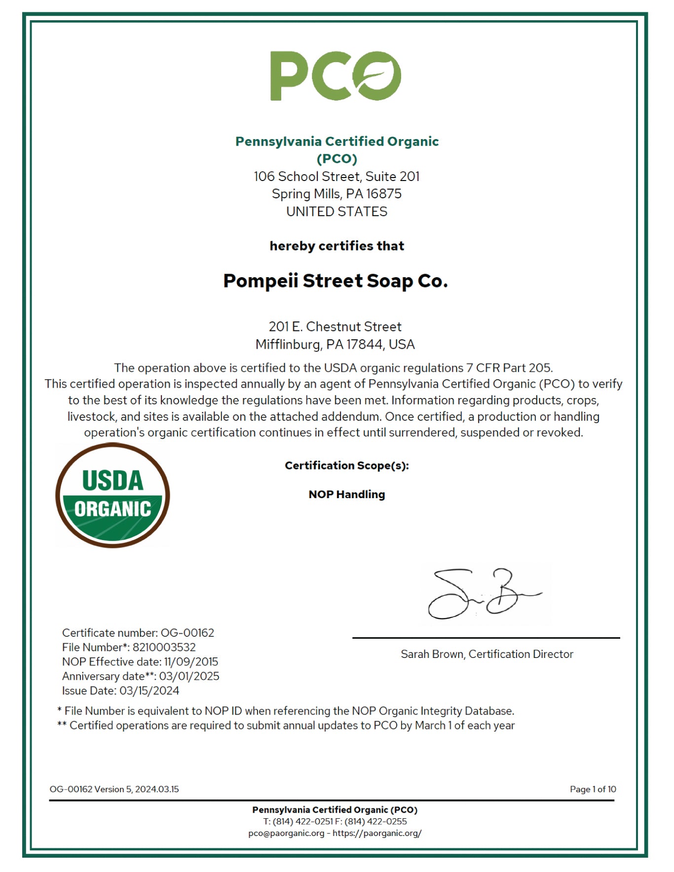 Pennsylvania Certified Organic Certificate