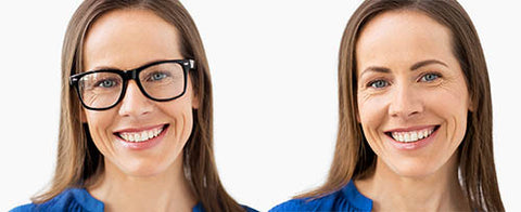 Woman with and without eyeglasses